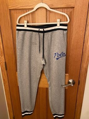 Polo Ralph Lauren Fleece Jogger Men’s XL Drawstring Script Logo Gray Blue Stripe